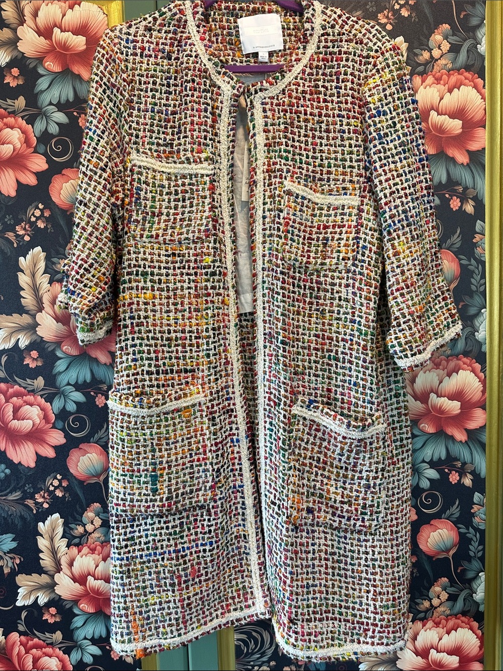 Anthropologie Multicolor Tweed Open-Front Coat in Cream Base